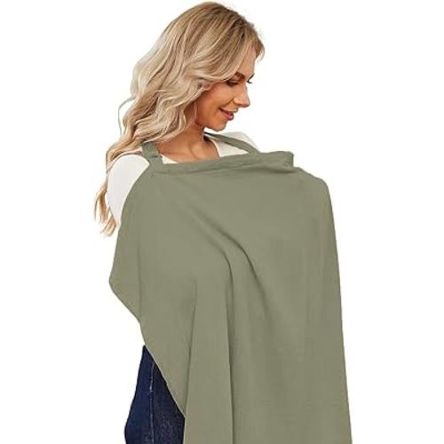 PPOGOO Muslin Nursing Cover for Baby Breastfeeding, Breathable Privacy Nursing Covers for Mom 101% Cotton Breastfeeding Cover with Rigid Hoop for Mother Nursing Apron (AGreen)