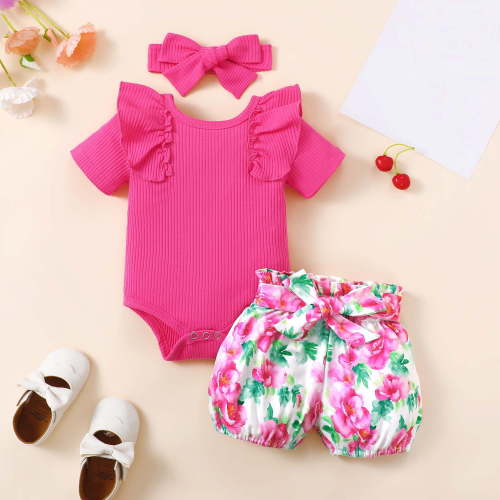Kayannuo Baby Girl Clothes Short Sleeve summer Newborn Baby Girl Clothes Infant Outfits Ruffle Sleeve Romper Bodysuit Floral Pants Toddler Girl Outfits