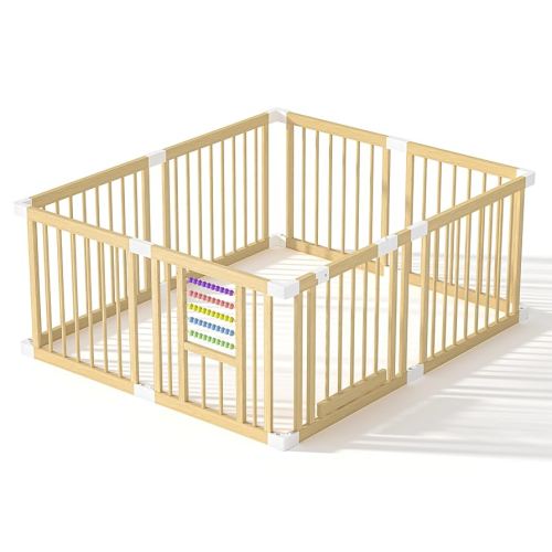 Baby Playpen with Gate, Wooden Playpen for Babies and Toddlers, Baby Play Yard with Colorful Acrylic Beads, Baby Fence Play Area with Suction Cups, Extra Large Play Pen Area Indoor(63 * 47 * 24Inch)