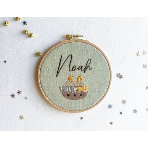 Noah’s ark embroidered baby name sign, fabric jungle animal nursery decor, personalized gift for baby boy
