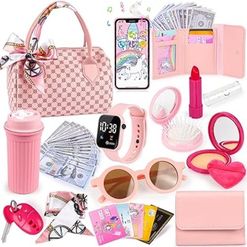 Play Purse for Little Girls, 32PCS Toddler Purse with Pretend Makeup for Kids, Princess Toys Includes Handbag, Phone, Wristwatch, Silk Scarf Kids Toy Purse Birthday Gift for Girls 3 4 5 6 +