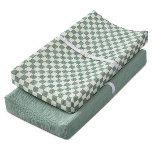 Blissful Diary Muslin Changing Pad Cover for Baby Girls Boys, Ultra Soft Breathable Cotton, Baby Diaper Change Table Pad Covers, 2Pack (Checkered Green & Sage Green)