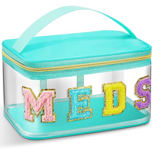 Geetery Chenille Letter Bag Nylon Makeup Portable Cases Spf Travel Preppy Patch Makeup Bag with Zipper Cosmetic Toiletry Storage Case for Women (Green,Meds)