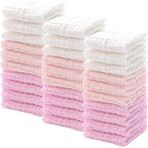 Chumia 30 Pcs Baby Muslin Washcloths Muslin Burp Cloths Baby Towel Natural Cotton Burp Cloths Wipes Soft Newborn Face Towel Absorbent for Face Bath Shower, 12 x 12'' (Light Pink, White, Pink)