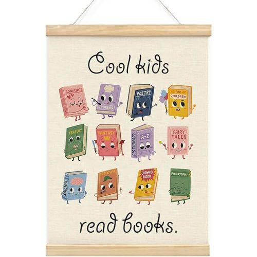 Wheatwin Cool Kids Read Books Wall Art with Wooden Poster Hanger, Reading Corner Decor for Classroom, Reading Nook Decor, Kids Wall Decor, Classroom Wall Decor, 12x16 Inch