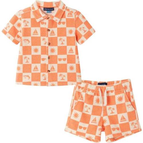 9-12 Mo, Infant Printed Check Terry Set, Orange - Andy & Evan | Maisonette