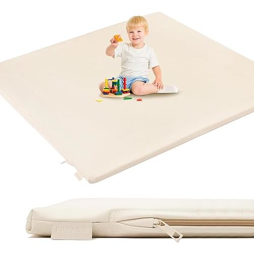 Padded Baby Play Mat, Super Soft Vegan Leather Floor Mat for Baby Girls and Boys, 48x48 Thick Foam Cushioned Play Mat for Babies 6-12 Months, Fits Nicely Into 50x50 Playpen Mat, Beige