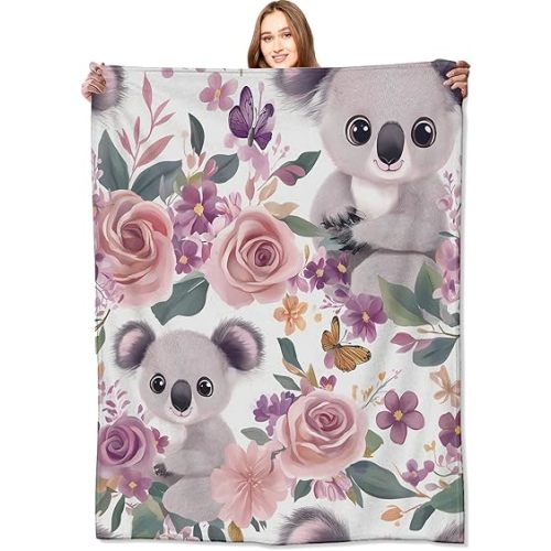 Koala Blanket,40x50in,Cute Floral Pastel Blossom Throw Blankets,Gifts for Kids Adult & Animal Lovers, Lightweight Soft Fleece,for Sofa Couch Bed Room Modern Decor