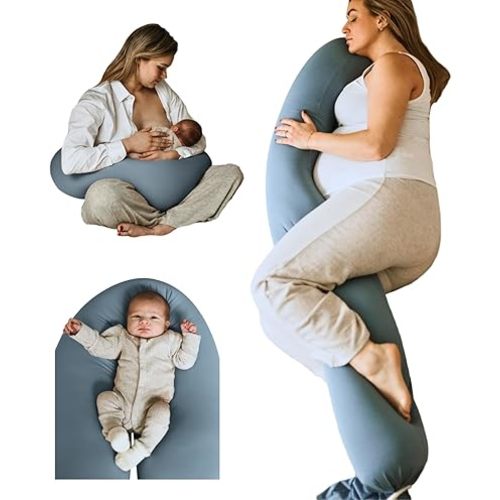 Cuddobaby Pregnancy Pillow 5-in-1 【Cooling Cover, Adjustable Firmness】 Patented Lock Design, Turn into O-Shape Nursing Pillow, 5-Point Full Body Support, Maternity Pillow with Travel Bag - Blue