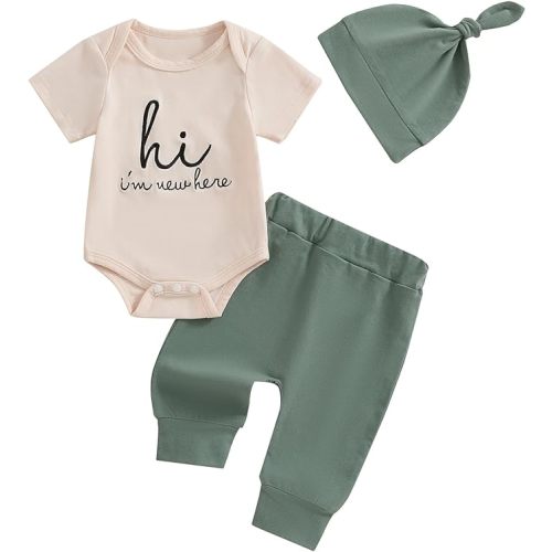 Newborn Baby Boy Girl Clothes Im New Here Printed Romper Bodysuit Pants Set with Hat Coming Home Hospital Outfits - Green
