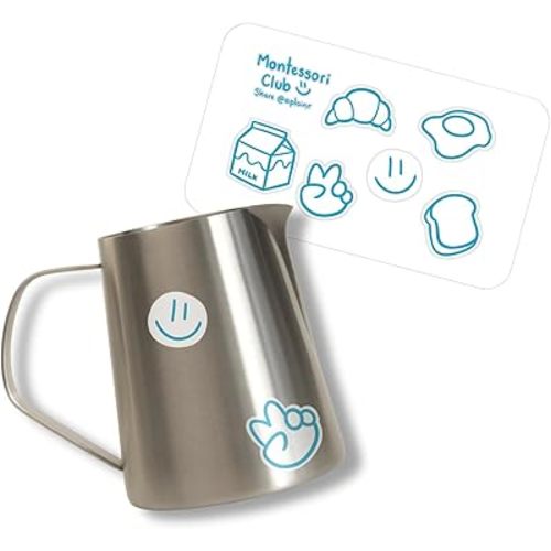 Pour Pitcher, 11 fl oz Child Mini Stainless Steel Pitcher with Stickers, Montessori Pitcher for Toddlers, Metal Pitcher for Kids, 3.8" High