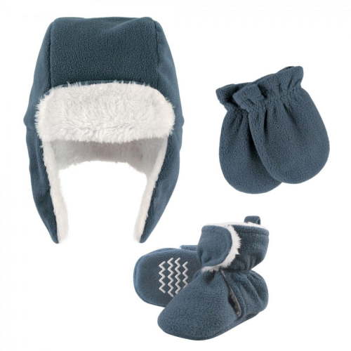 Hudson Baby Infant Boy Trapper Hat, Mitten and Bootie Set, Coronet Blue, 6-12 Months