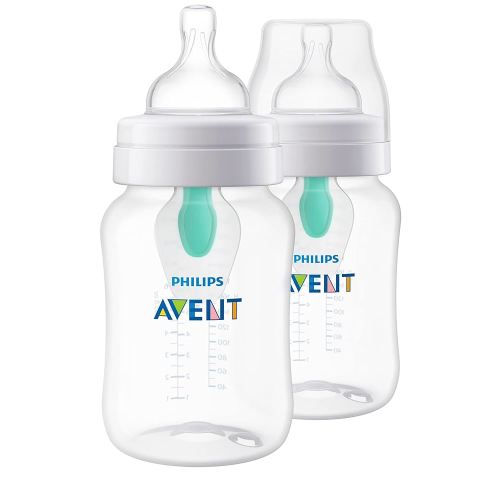 Philips Avent Anti-Colic Baby Bottle with AirFree Vent, 9oz, with Flow 2 Nipples, 1m+, 2pk, Clear, SCY703/02