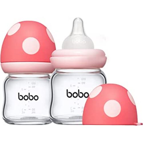 YOHKOH Natural Glass Baby Bottle with Natural Response Nipple, Newborn Anti-Colic Baby Bottles, Wide Neck Mushroom Cap Baby Bottle, Clear (3.4oz (Pack of 2), Red)