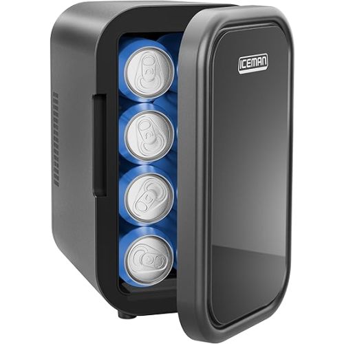Iceman Portable Mini Fridge – Fits 8 x 12 oz Cans, Cooler and Heater Mini Fridge for Bedroom, Car, Office, Dorm and Skincare, AC/DC Car Plug-Compatible - Black