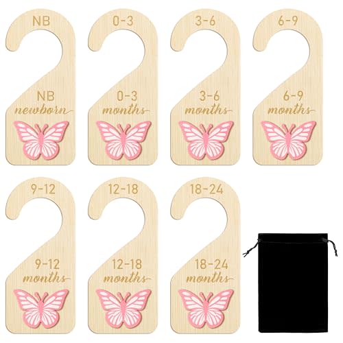 R HORSE 3D Wooden Baby Closet Dividers - 8Pcs Pink Butterfly Baby Closet Organizer, Double-sided Newborn Clothes Size Hanger Dividers Nursery Decor Birthday Gift for Boys Girls, 0-24 Months
