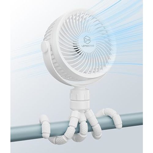LEMOISTAR Portable Stroller Fan, 5000mAh Battery Rechargeable USB Powered Max 28H, 4 Speed, Handheld Desk Fan with Flexible Tripod for Travel Car Seat Bedroom Crib (White)