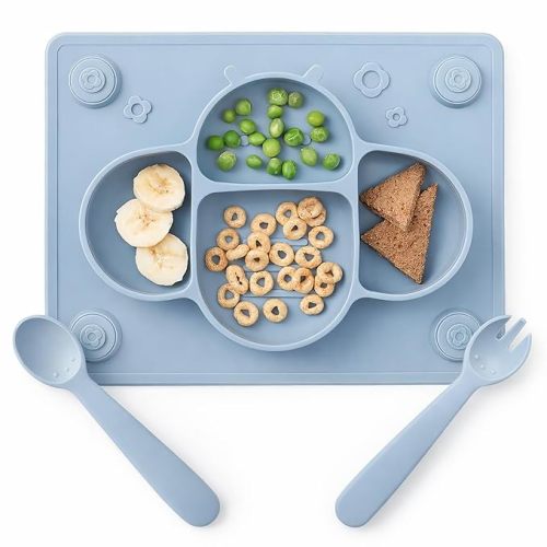 ROCCED Suction Plates for Baby placemat Spoon Fork Set for Toddlers, Silicone Baby Plates with Suction Baby Dishes for Kids Plates-Dusty blue
