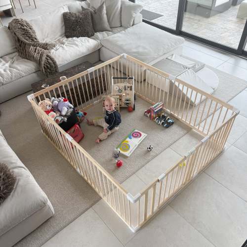 HARPPA Wooden Baby Gate Playpen | Non-Toxic Foldable DIY Adjustable Play Yard for Infants & Toddlers – Natural Finish Baby Fence for Small & Large Spaces