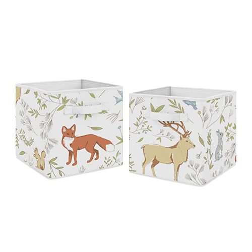 Sweet Jojo Designs Woodland Animal Toile Foldable Fabric Storage Cube Bins Boxes Organizer Toys Kids Baby Childrens for Collection Set of 2