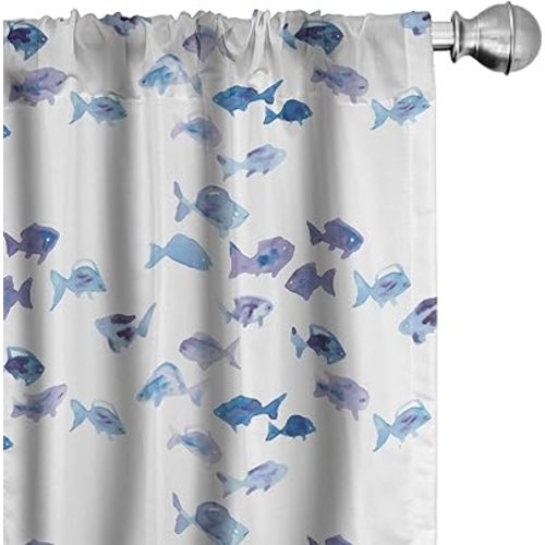 Ambesonne Animal Window Curtains, Little Fishes Watercolors Ocean Underwater Life Marine Theme Art, Lightweight Decor 2-Panel Set with Rod Pocket, Pair of - 28" x 95", Blue