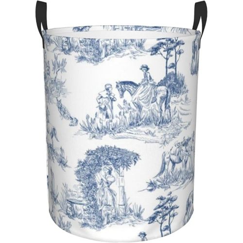 Laundry Hamper With Handles-Unique Toile Design Blue Laundry Basket-Round Storage Bin Dirty Clothes Basket