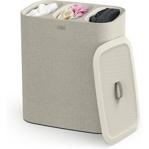 Joseph Joseph Tota - Trio 90-liter Laundry Hamper Separation Basket with lid, 3 Removable Washing Bags with Handles- Ecru