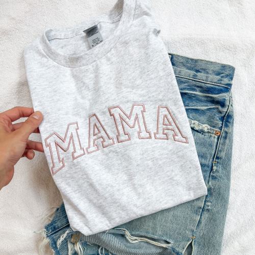 Embroidered Mama T-Shirt | Ash Gray, Carmel Thread 2XL