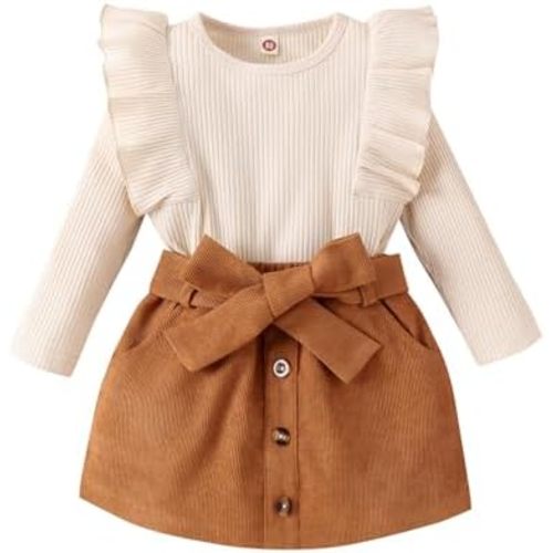 Fernvia Toddler Baby Girl Fall Winter Skirt Set Turtleneck Ribbed Long Sleeve T-Shirt Top & Plaid Skirts Dress 2Pcs Outfits