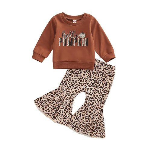Madjtlqy Baby Girl Bell Bottoms Halloween Clothes Set Letters Pumpkin Printed Long Sleeve Sweashirt Tops + Flared Pants