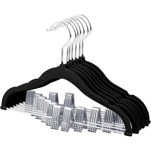 ManGotree 11.8'' Baby Velvet Hangers with Movable Clips, Non-Slip Kids Felt Hangers, Ultra-Thin Space-Saving Children's Clothes Hangers for Skirts, Pants, Dresses, Shirts, Jackets (7 Pack, Black)