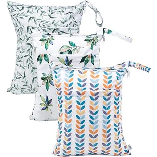 babygoal Wet Dry Bags for Baby Cloth Diapers, Washable Travel Bags, Beach, Pool, Gym Bag for Swimsuits & Wet Clothes with Two Zippered Pockets 3 Pack 3LN08
