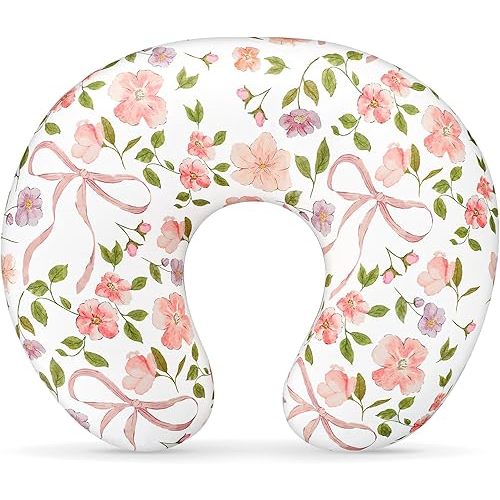 TANOFAR Nursing Pillow Cover, Stretchy Removable Breastfeeding Pillow Cover, Ultra Soft Snug Fits On Newborn Feeding Pillow Case for Baby Girls, Pink Bow