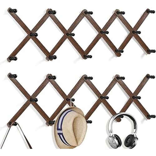 WGFKVAS 2 Pack Expandable Coat Rack Wall Mount, Hat Rack for Wall, 14 Pegs Accordion Wall Hanger Wood Hat Hangers for Baseball Caps,Coats, Bags,Jewelry,Christmas Festival Decorations