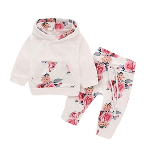 Odeerbi Baby Girl Clothes Newborn Infant Floral Hooded With Pocket Sweatshirt Pants Headband Outfits Set