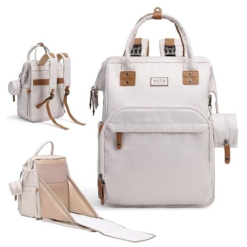 Diaper Bag Backpack, Multifunction Diaper Bag with Changing Station, Stylish Baby Bags, Large Unisex Diaper Backpack for Mom and Dad, Baby Registry Search, Portable Changing Pad – White Beige