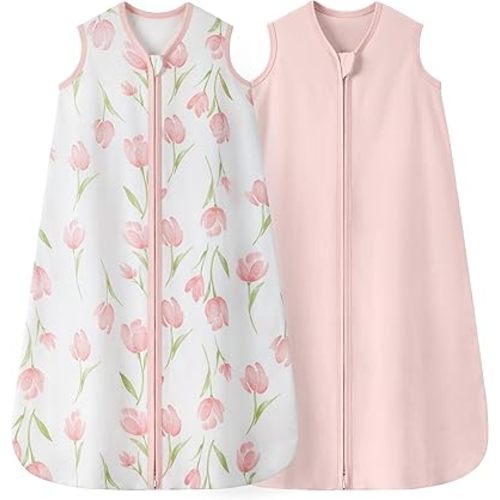 Baby Sleep Sack 6-12 Months 0.5 TOG, 100% Cotton Baby Wearable Blanket 2 Pack with 2-Way Zipper, Lightweight Sleep Bag for Boys ＆ Girls Newborn Infant Breathable Sleeing Sack Pink Tulip