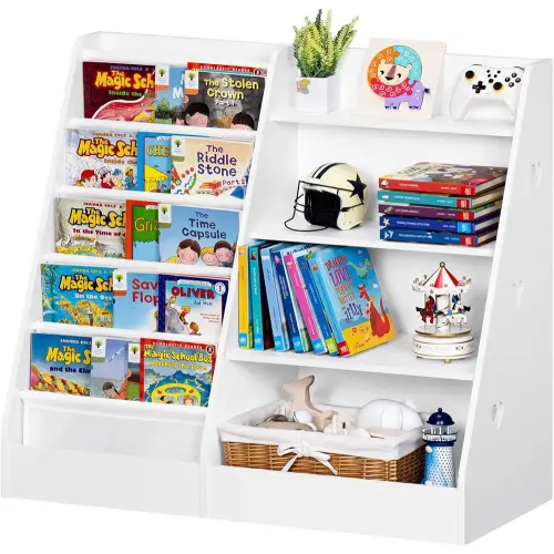 Lerliuo 4 Tier Kids Bookshelf and Storage Organizer, Five Layer Sling Children Bookcase, Baby Toddler Wooden Book Shelf, Display Cabinet for Playroom, Bedroom, Classroom, Nursery, School (White)