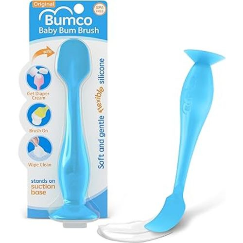 Bumco Baby Bum Brush - BPA-Free Diaper Cream Spatula with Suction Cup Base, Soft & Flexible Silicone, Wipe-Clean, Mom-Invented Diaper Bag Essentials (Blue)