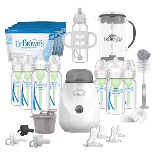 Dr. Brown's Anti-Colic Options+ Newborn All-In-One Gift Set with Bottle Warmer, HappyPaci Pacifiers, Cleaning Brush, Formula Dispenser and Mixing Pitcher, 0m+ (Packaging/Bottle Brush Color May Vary)