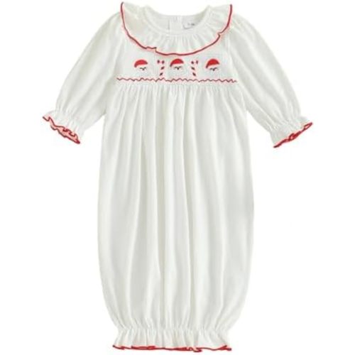 Sasaerucure Newborn Baby Girl Boy Christmas Outfit Santa Claus Sleepwear Smocked Long Sleeve Nightgown Pajama Sleeper