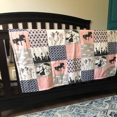 Custom Crib Bedding Set Mary Poppins Personalized 2-3 Piece Set Girs Crib Set Pink Navy Gray Minky