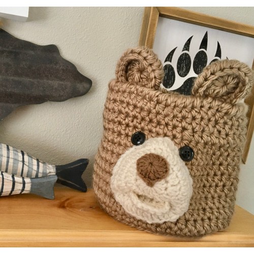Tan Bear Basket - Woodland Nursery Decor - Crochet Shower Gift Storage Bin - by JoJo's Bootique
