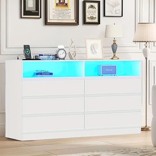 Loomie 6 Drawers Double Dresser with Power Outlet & LED Light, Long Dresser Chests of Drawers with Storage Cubby, Wood Wide TV Dresser Stand for up to 60" for Bedroom, Hallway, Entryway
