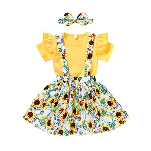 3PCS Toddler Baby Girls Clothes Ruffle Short Sleeve Top + Sunflower Skirt + Headband Outfit Floral Dress