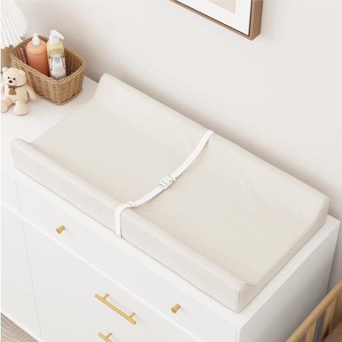 Wipeable Baby Changing Pad for Dresser and Table, Cozy Diaper Changing Pad with Waterproof & Wipe-Clean Leather Cover, Off-White