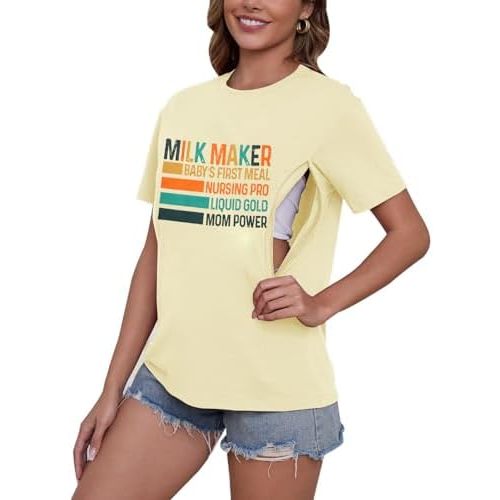 Women's Nursing Shirts for Breastfeeding Zipper Short Sleeves Mama Shirt Causal Maternity Nursing Graphic Tees Tops