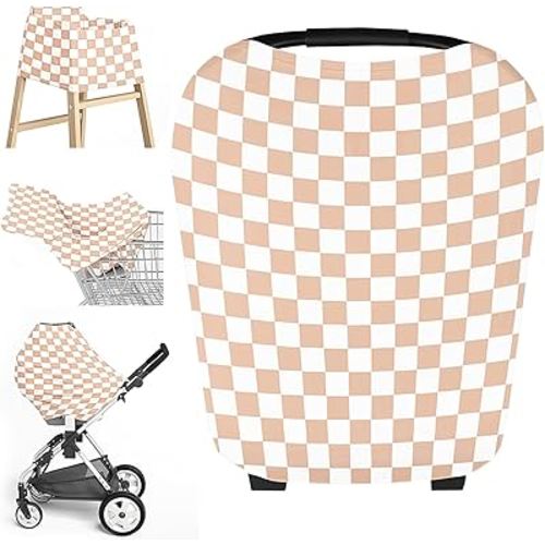 Little Jump Multi-use Baby Carseat Cover, Breathable Nursing Cover, High Stretchy Infant Carseat Canopy, Stroller Cover, Car Seat Covers for Bbies, Boys & Girls (Cream Checkered)