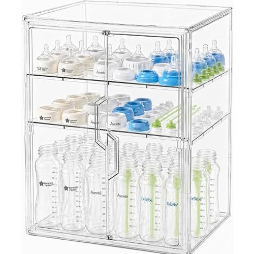 Baby Bottle Storage Organizer, 3-Tier Clear Plastic Station with Double Magnetic Doors & 2 Dividers, Countertop Cabinet Organizer for Kitchen, Bathroom, Vanity, Practical Mom Gift