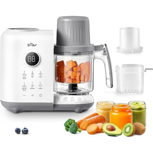 Bear Baby Food Maker with Two Layer Steam Baskets, One Step Baby Food Processor Steamer Puree Blender, Baby Food Mill with Bottle Warming Sterili-zing Auto Cleaning Function, BPA-Free, White